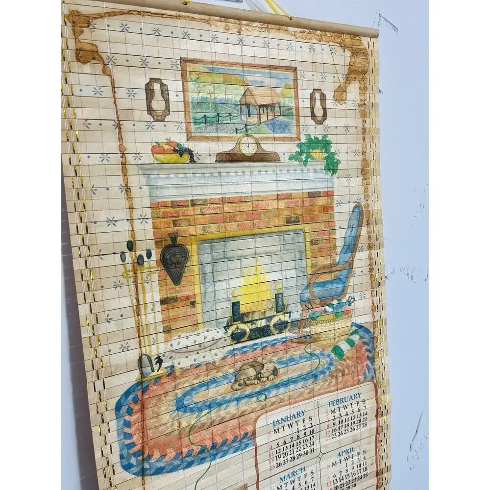 Giftco Bamboo Scroll Calendar 1987 Double Sided Wall Hanging Kitty Cat 32